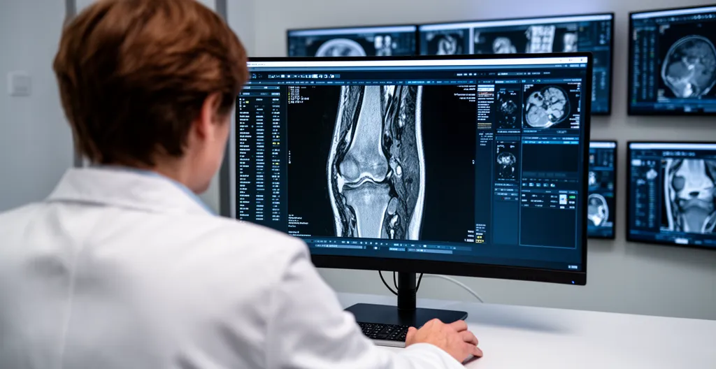 Medical professional reviewing knee MRI imaging for surgical assessment
