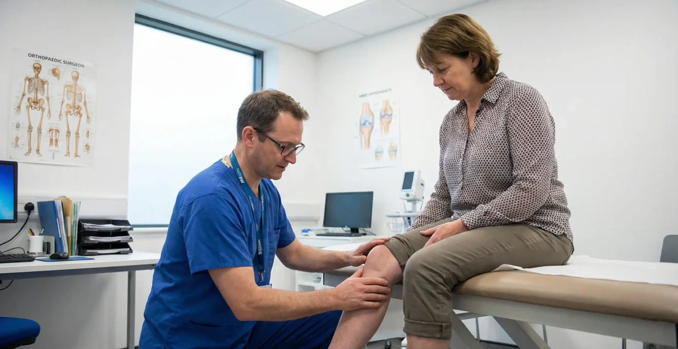 Orthopaedic surgeon performing clinical knee examination during patient consultation