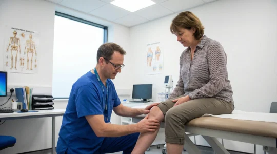 Orthopaedic surgeon performing clinical knee examination during patient consultation