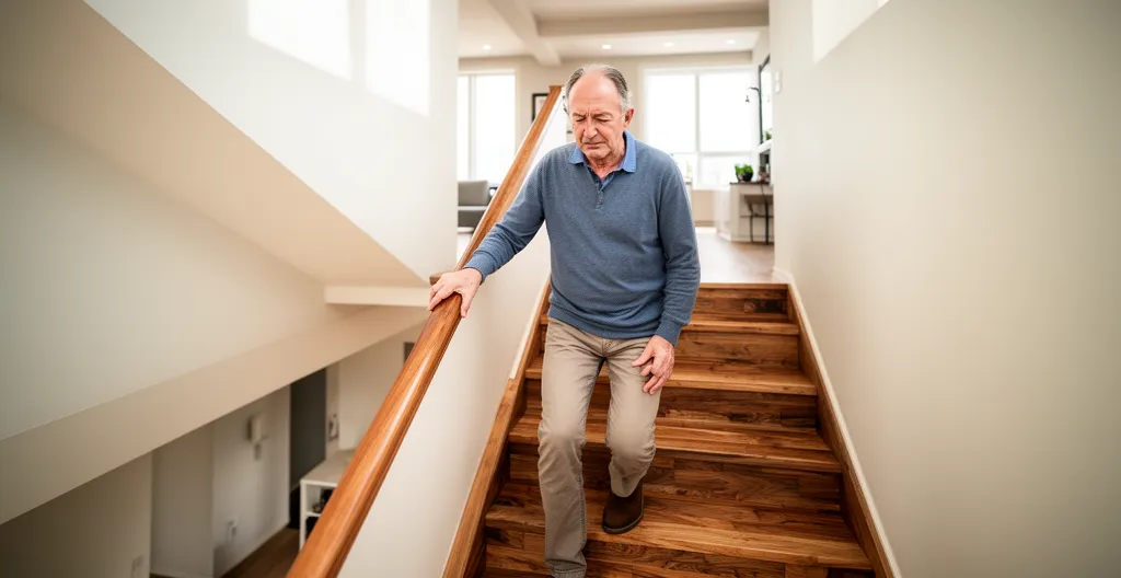 Middle-aged person carefully descending stairs showing knee mobility limitation