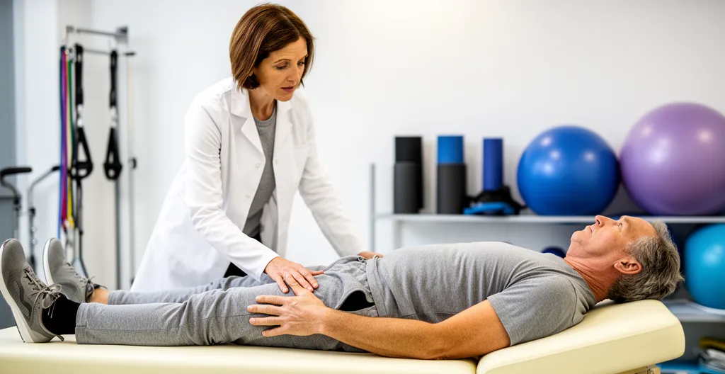 Physiotherapist guiding patient through knee rehabilitation exercise programme
