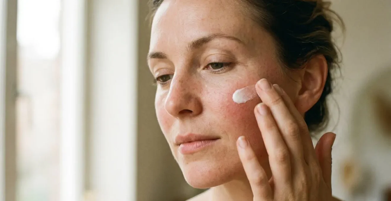 Close-up of a person applying sunscreen cream on their face in natural daylight, representing mindful sun protection for sensitive skin