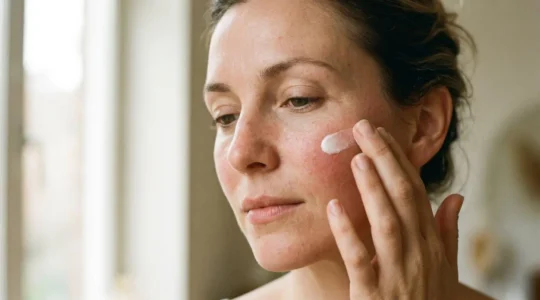 Close-up of a person applying sunscreen cream on their face in natural daylight, representing mindful sun protection for sensitive skin