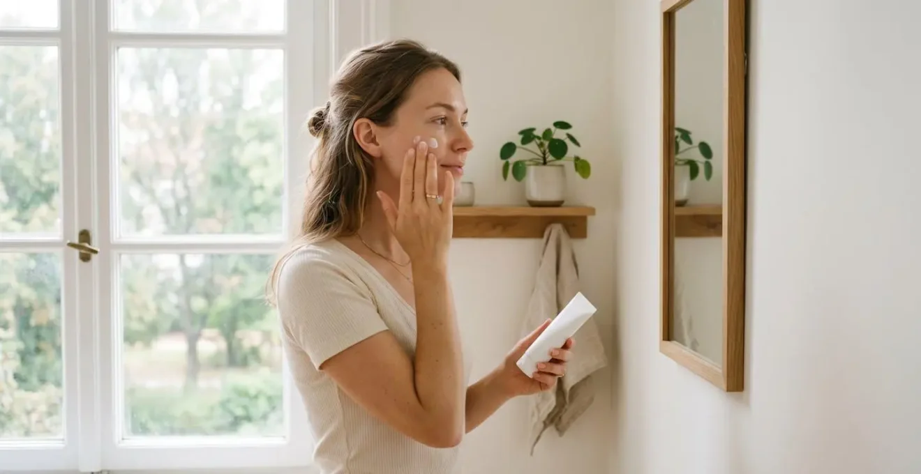 Young woman applying SPF face cream during a morning skincare routine near a window with natural light, illustrating daily sun protection as a habit